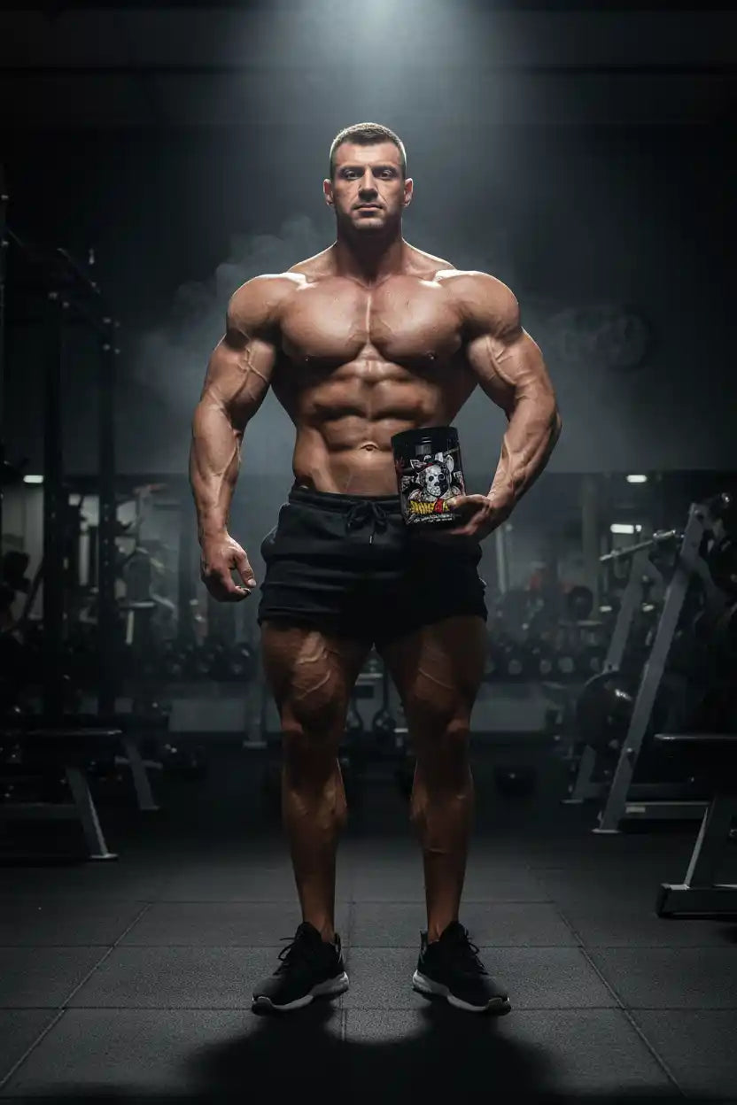 Muskulöser Athlet mit Nahrungsergänzungsmittel im Fitnessstudio, Protein, Booster, Vitamine