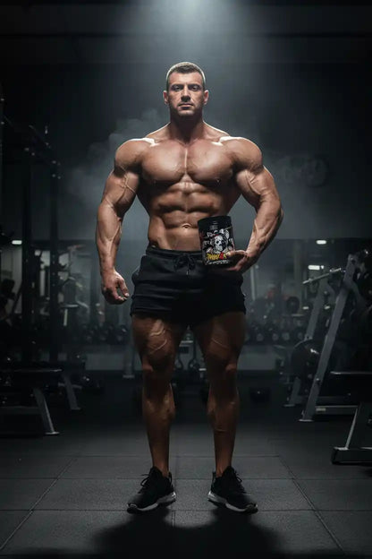 Muskulöser Athlet mit Nahrungsergänzungsmittel im Fitnessstudio, Protein, Booster, Vitamine