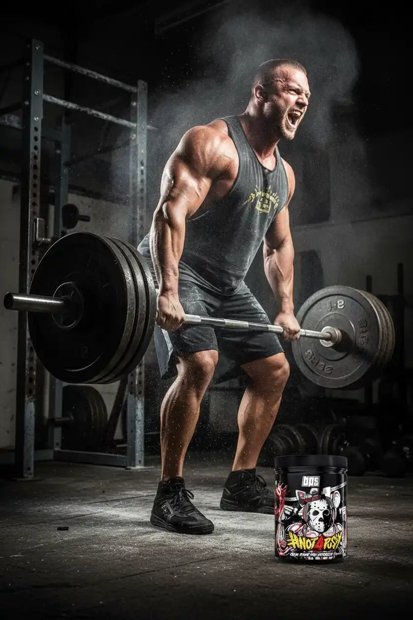 Muskulöser Athlet hebt schweres Gewicht im Fitnessstudio – Protein & Booster für maximale Kraft