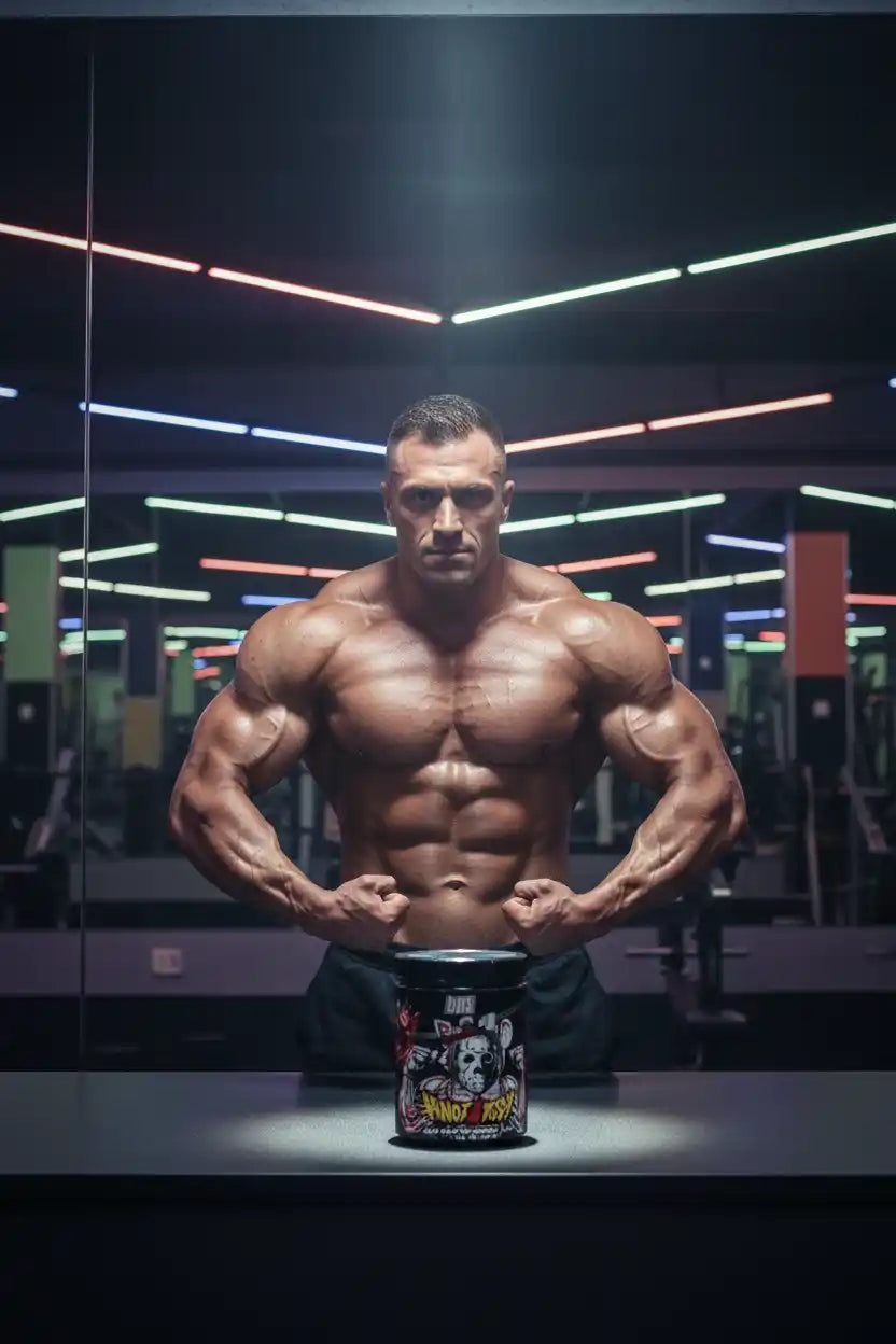 Muskulöser Mann mit Protein- und Booster-Produkt im Fitnessstudio