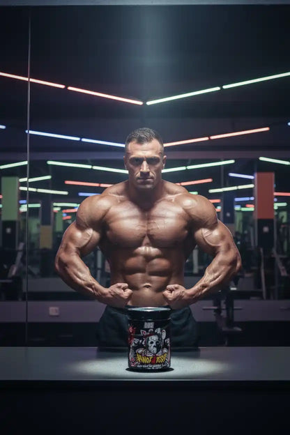 Muskulöser Mann mit Protein- und Booster-Produkt im Fitnessstudio