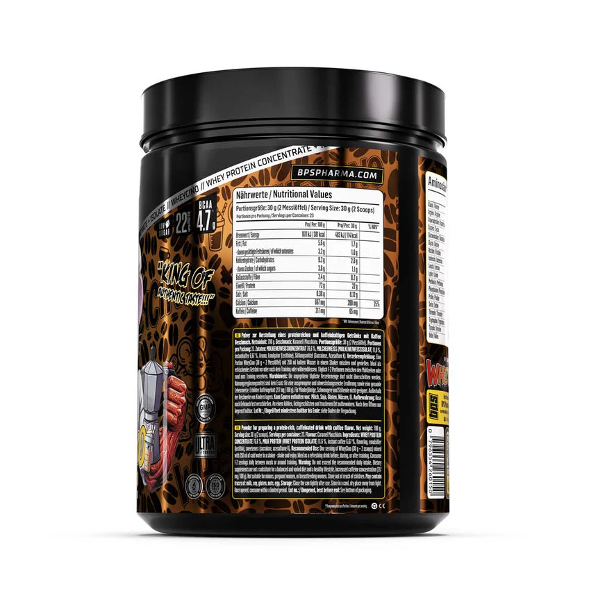 Whey Protein Konzentrat Dose mit Nährwertangaben und Kaffee-Geschmack, ideal für Sportler und Fitness