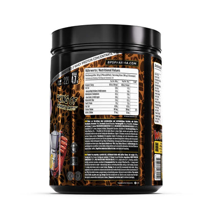 Whey Protein Konzentrat Dose mit Nährwertangaben und Kaffee-Geschmack, ideal für Sportler und Fitness