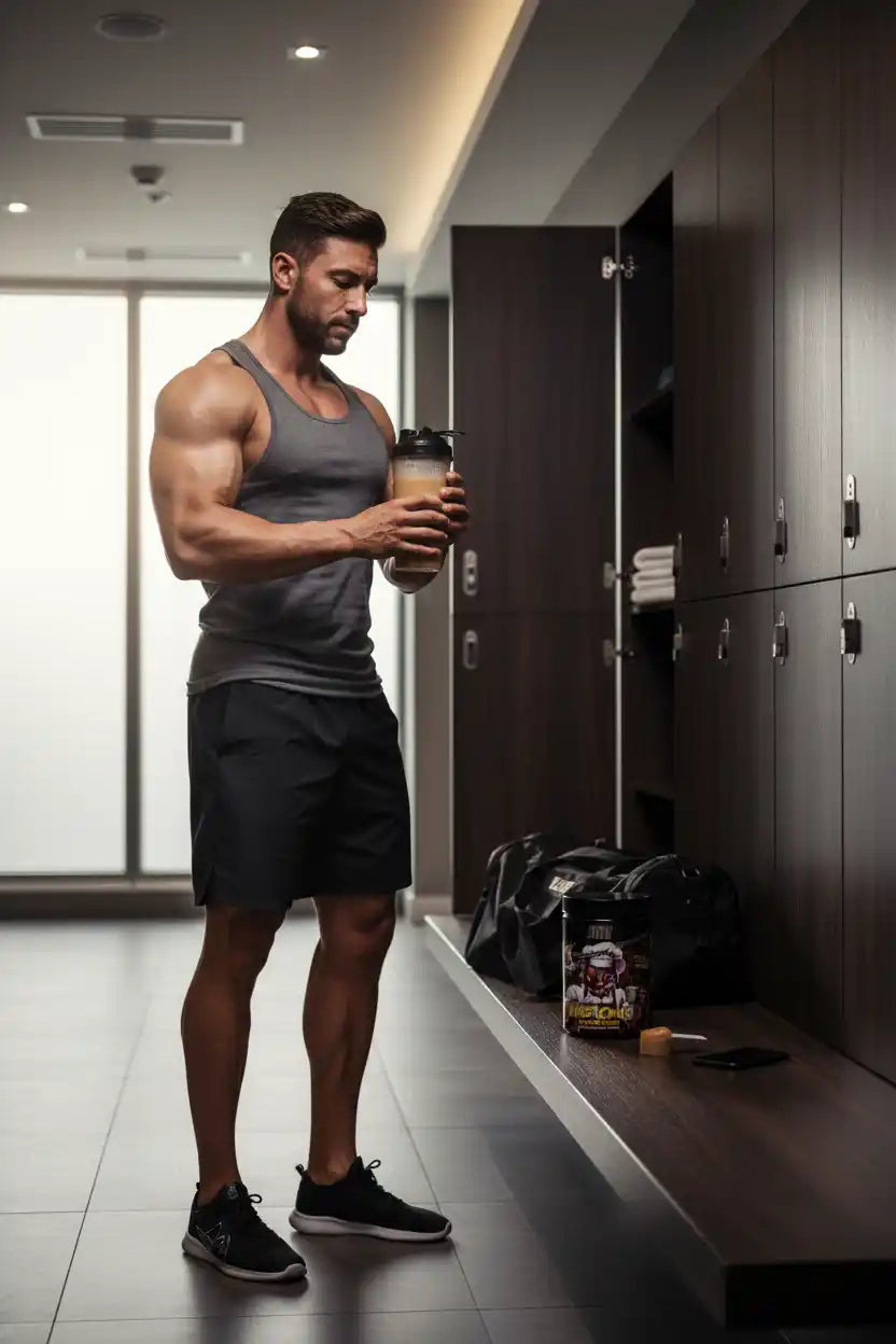 Muskulöser Mann mit Proteinshake im Fitnessstudio, Nahrungsergänzung für Sportler