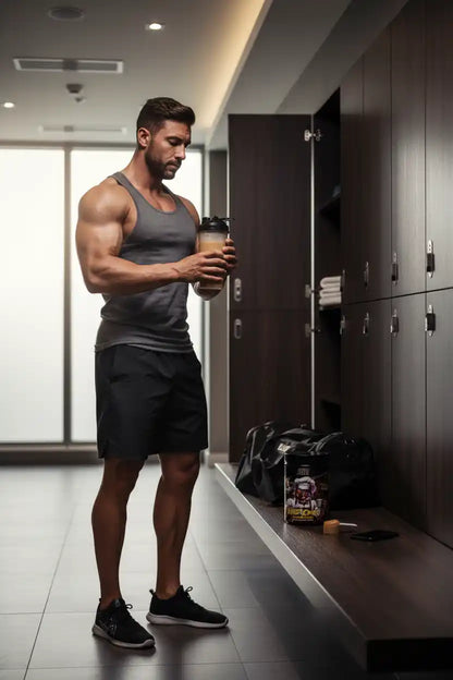 Muskulöser Mann mit Proteinshake im Fitnessstudio, Nahrungsergänzung für Sportler