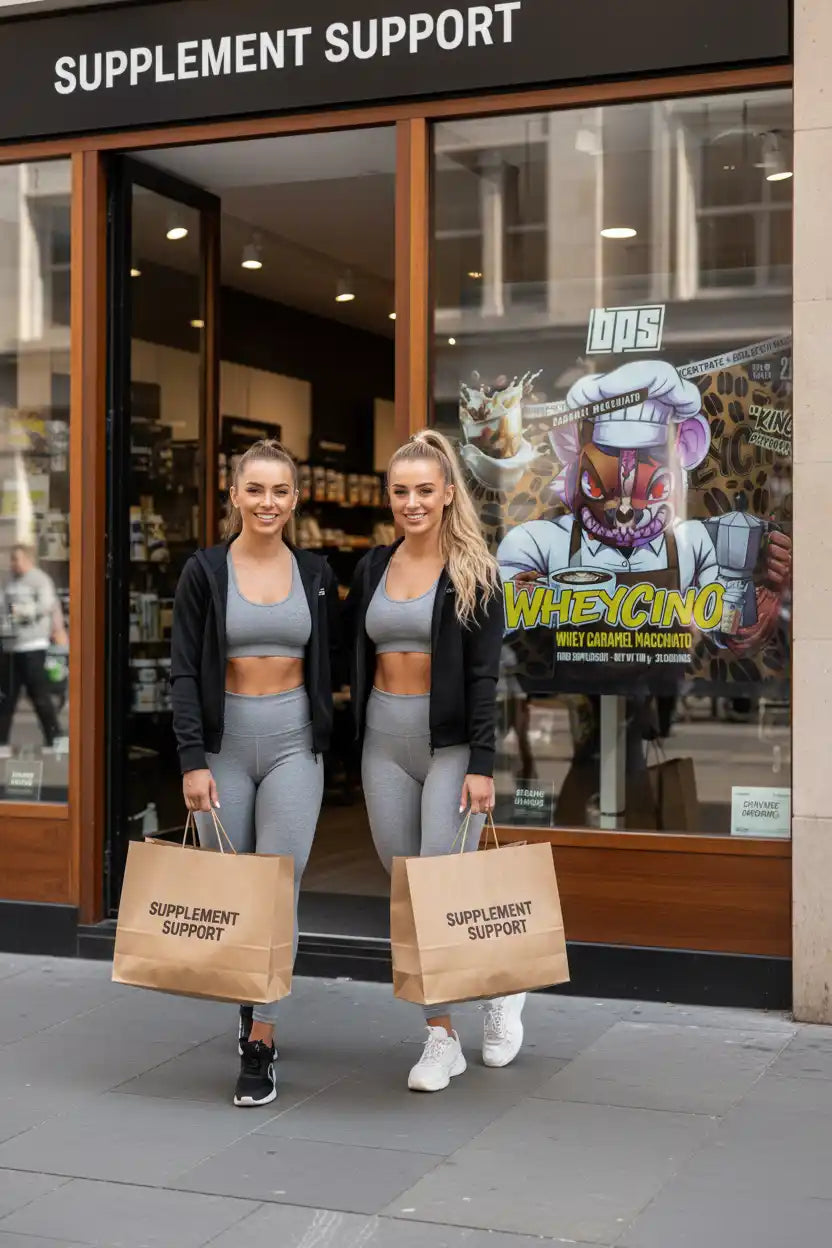 Zwei Frauen mit Supplement Support Einkaufstüten vor dem Geschäft, Sportnahrung & Proteine