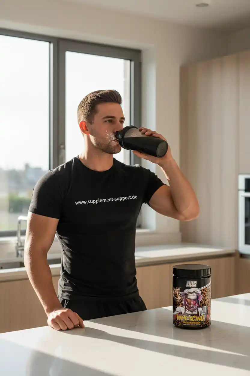 Mann trinkt Proteinshake aus Shaker, neben Whey-Protein-Dose in moderner Küche