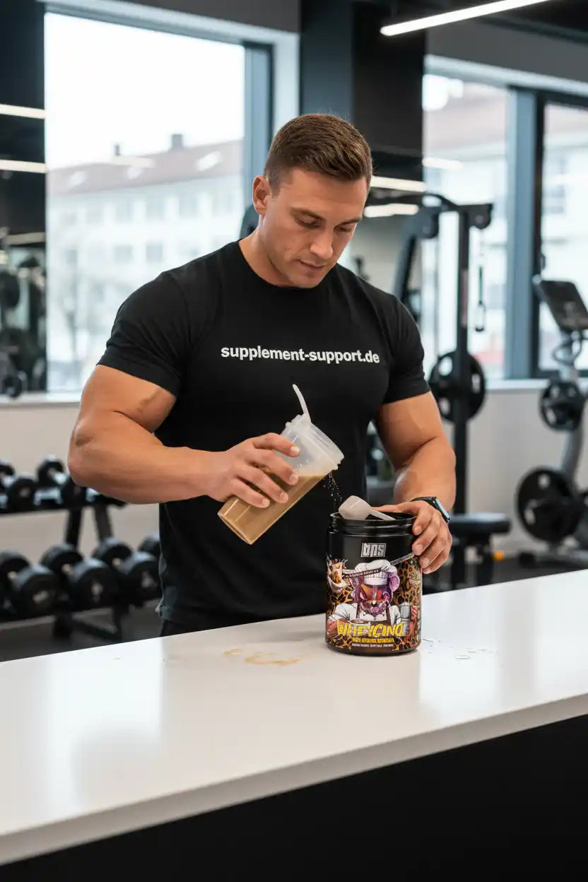 Muskulöser Mann bereitet Whey-Protein-Shake in Fitnessstudio vor, ideal für Sportnahrung und Booster