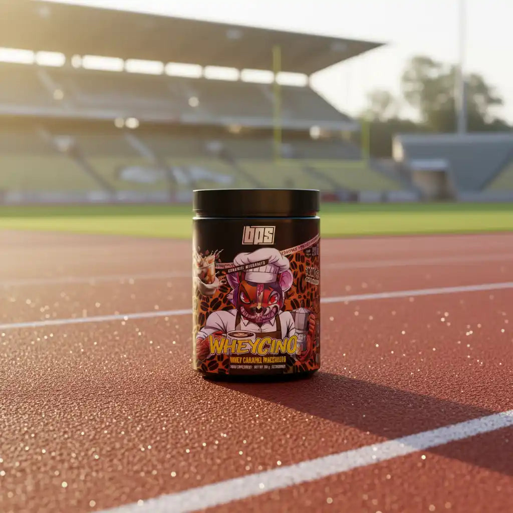 Whey Protein Pulver auf Laufbahn, ideal für Sportler und Fitness-Enthusiasten