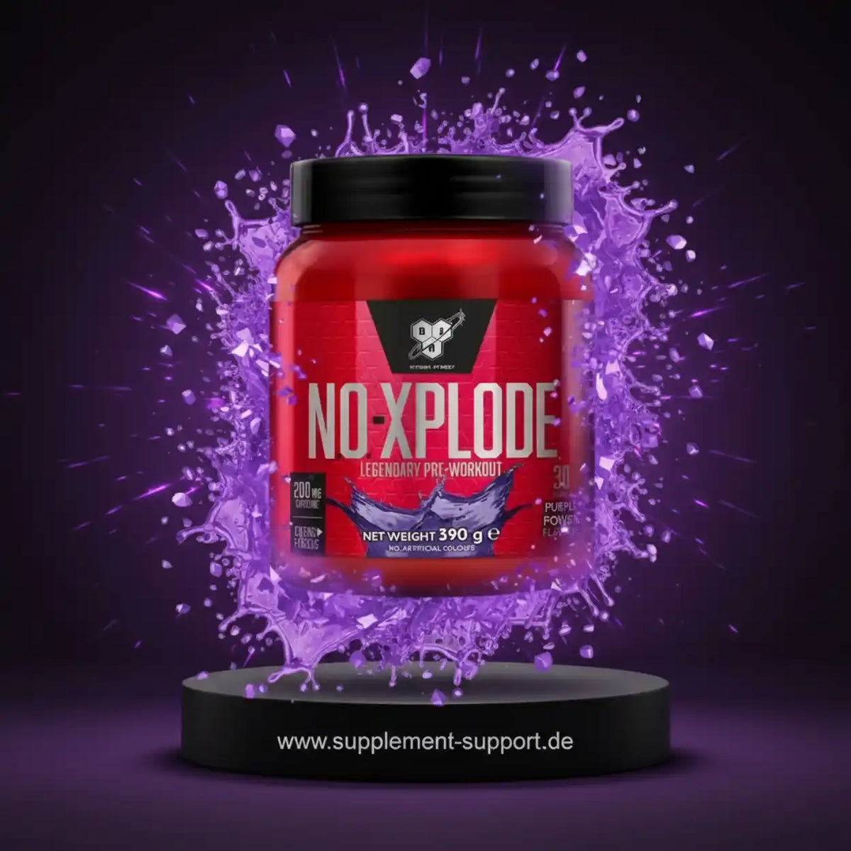 NO-XPLODE Pre-Workout Booster Dose in dynamischer lila Flüssigkeitsspritzer-Optik