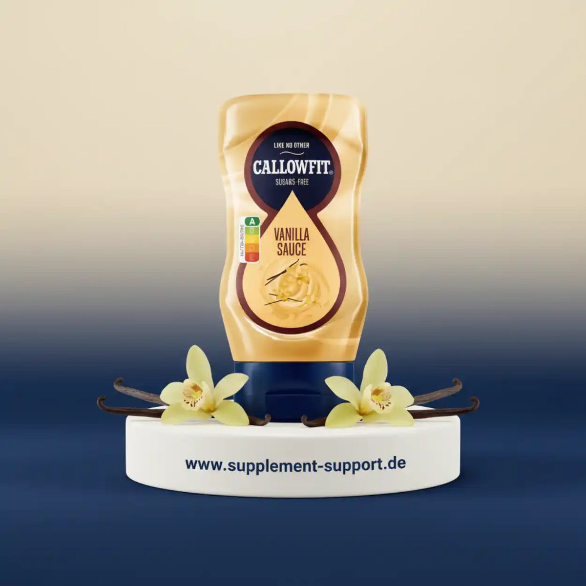 Callowfit Vanillesauce zuckerfrei, ideal für Sportnahrung und Protein-Shakes, mit Vanilleblüten dekoriert