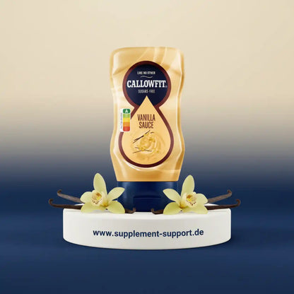 Callowfit Vanillesauce zuckerfrei, ideal für Sportnahrung und Protein-Shakes, mit Vanilleblüten dekoriert