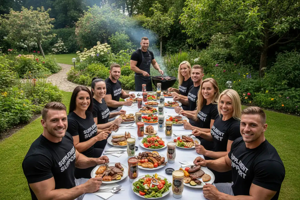 Gruppe mit Supplement Support Shirts genießt Grillfest im Garten mit Protein, Salat und Getränken