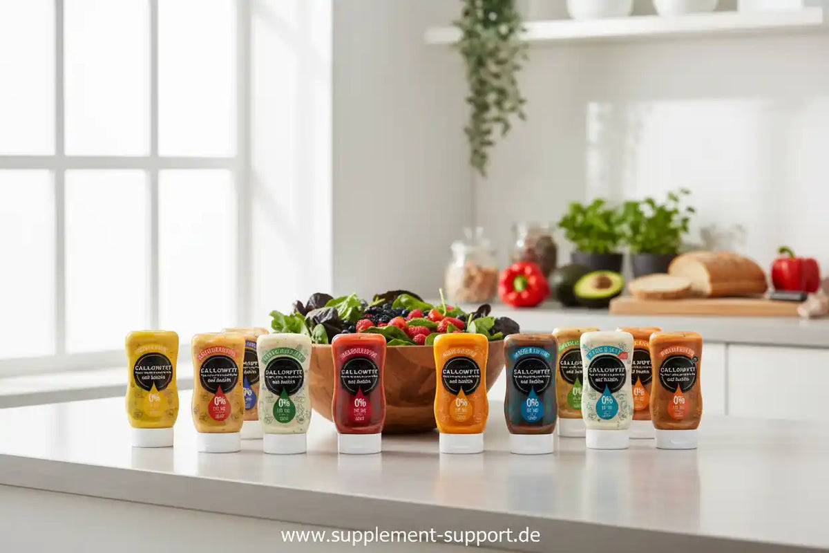 Callowfit Sauce-Flaschen vor Salat und Küche – Protein, Vitamine, Booster