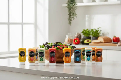 Callowfit Sauce-Flaschen vor Salat und Küche – Protein, Vitamine, Booster