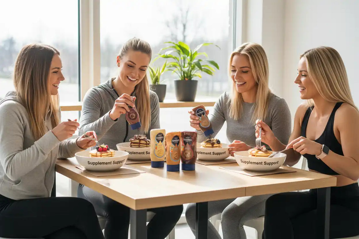 Frauen genießen Pancakes mit Protein-Sauce von Supplement Support – ideal für Sportnahrung & Vitamine