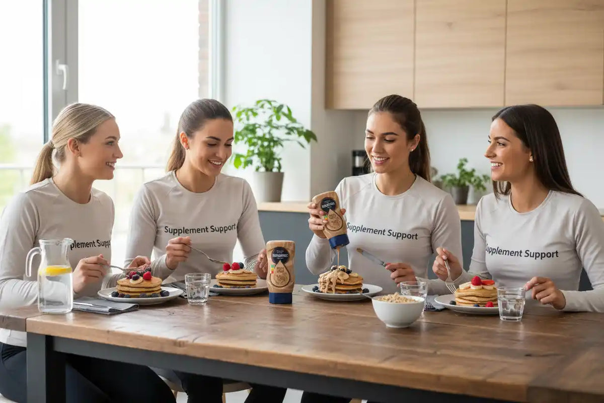 Frauen genießen Protein-Pancakes mit Nahrungsergänzungsmitteln von Supplement Support