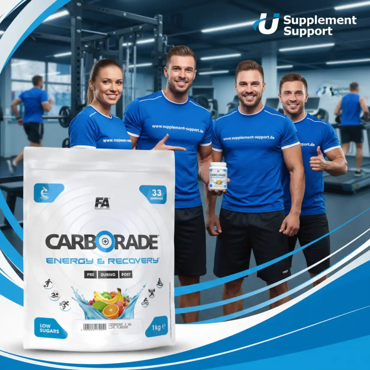 FA Nutrition CARBORADE Kohlenhydrat-Energy-Drink Pulver vor Sportlern im Fitnessstudio