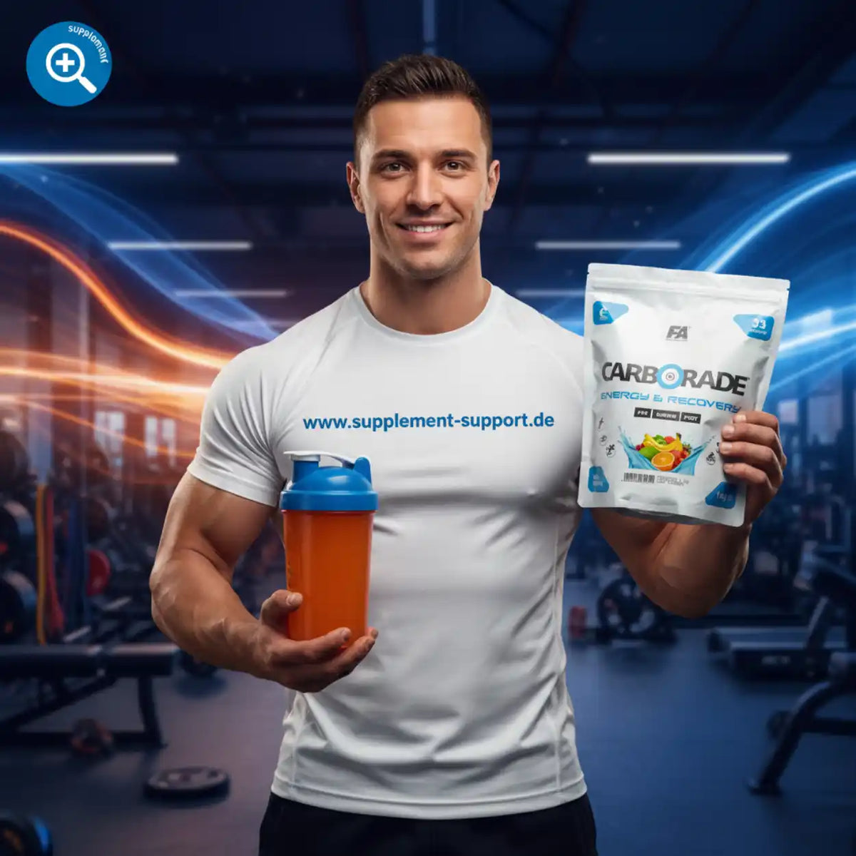 Muskulöser Mann im Fitnessstudio mit FA Nutrition Carborade Pulver und einem Shaker.