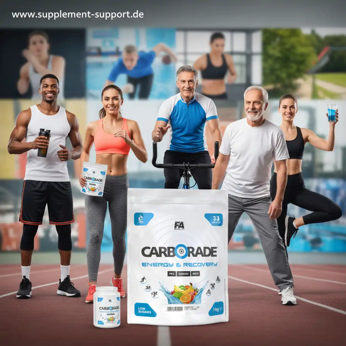 FA Nutrition CARBORADE Kohlenhydrat-Energy-Drink Pulver vor sportlichen Menschen