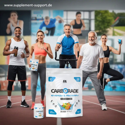 FA Nutrition CARBORADE Kohlenhydrat-Energy-Drink Pulver vor sportlichen Menschen