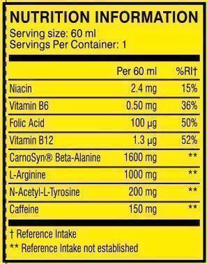 Nährwertangaben für Nahrungsergänzungsmittel mit Vitaminen, CarnoSyn® und Koffein pro 60 ml