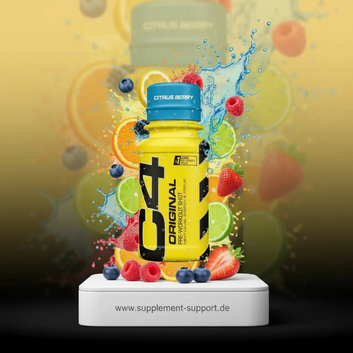 C4 Original Pre-Workout Shot Citrus Berry mit spritzigen Früchten und Wasserspritzern