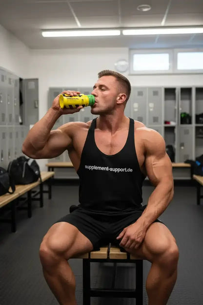 Muskulöser Mann trinkt Protein-Shake aus gelber Flasche im Fitnessstudio, Supplement Support