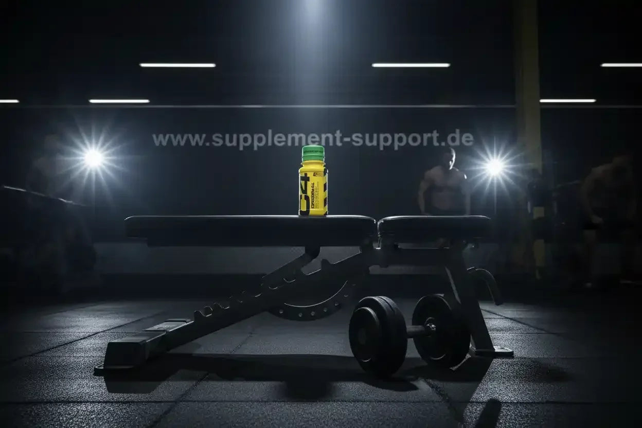 Gelbe Nahrungsergänzungsmittel-Flasche auf Bank im Fitnessstudio, ideal für Sportler und Training