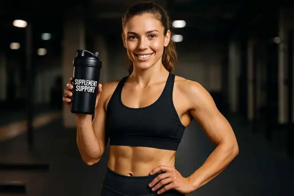 Sportliche Frau im Fitnessstudio mit schwarzem Sporttop und Shaker 'Supplement Support'.