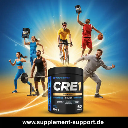 CRE1 Kreatin-Pulver für mehr Kraft, Ausdauer & Effizienz – Sportler mit Hanteln, Rad und Basketball