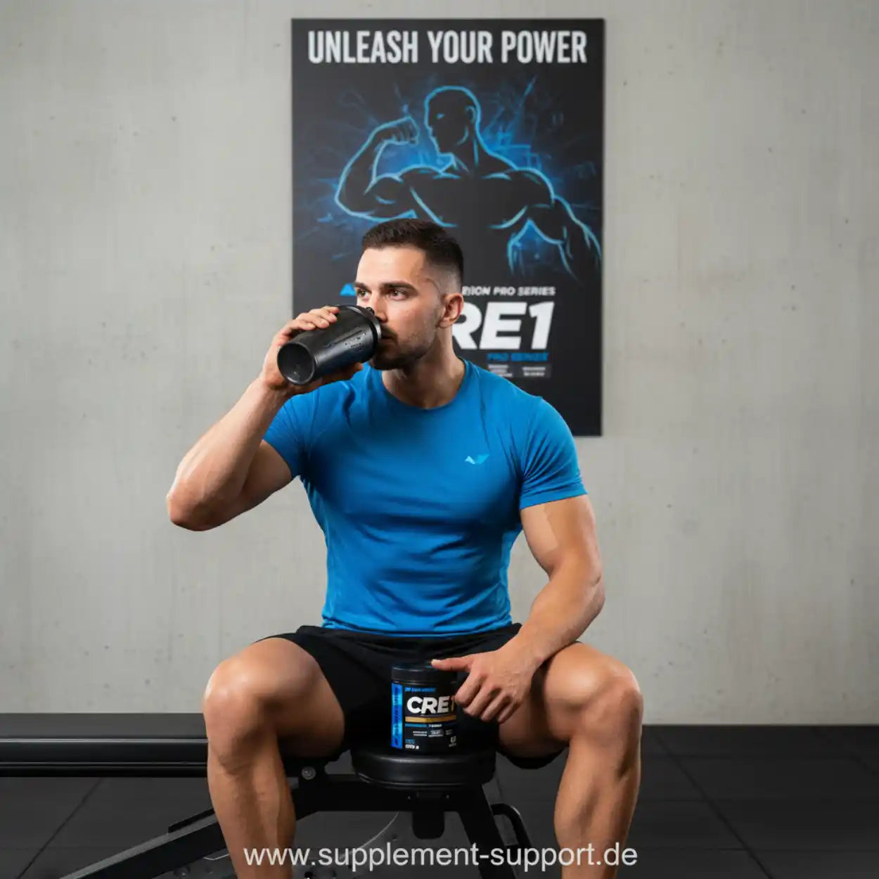Muskulöser Mann trinkt Creatin-Supplement im Fitnessstudio, CRE1 Dose auf dem Schoß