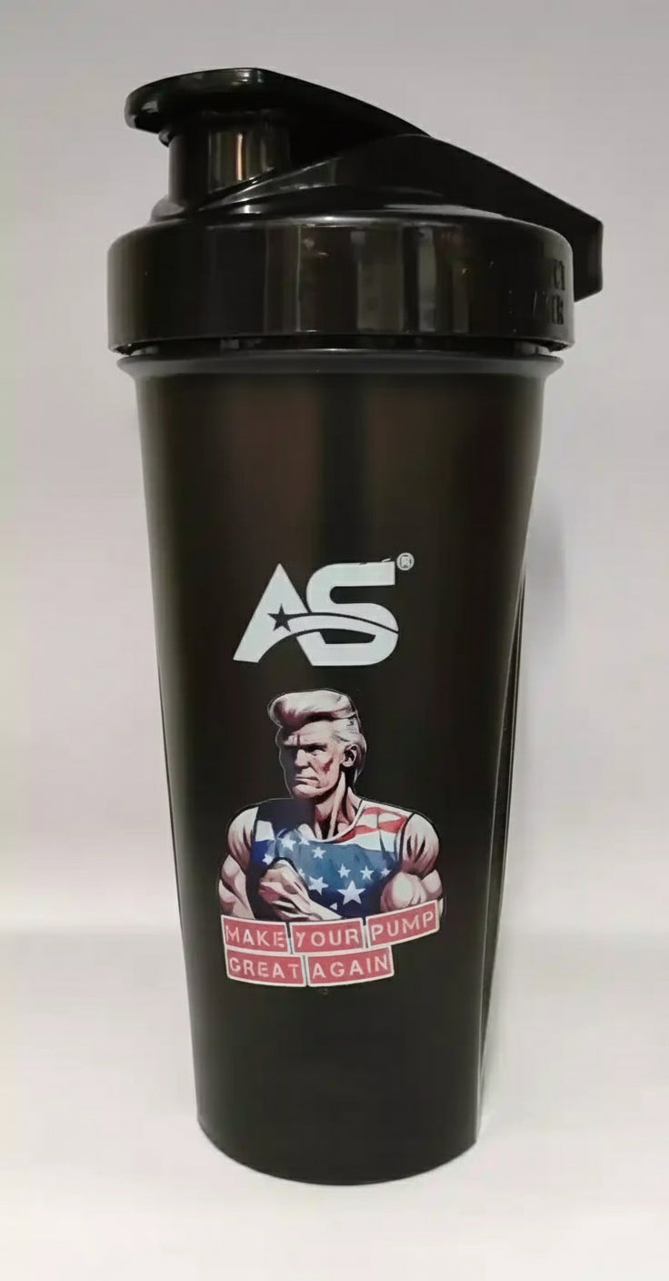 Schwarzer Shaker mit AS-Logo und Muskelmann-Design für Protein & Sportnahrung