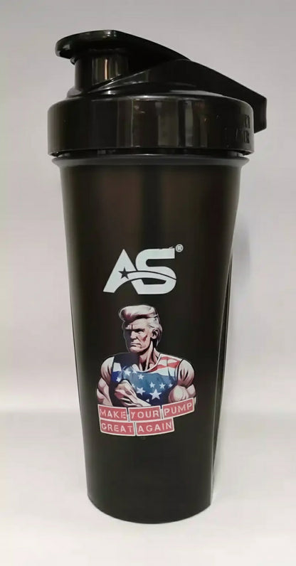 Schwarzer Shaker mit AS-Logo und Muskelmann-Design für Protein & Sportnahrung