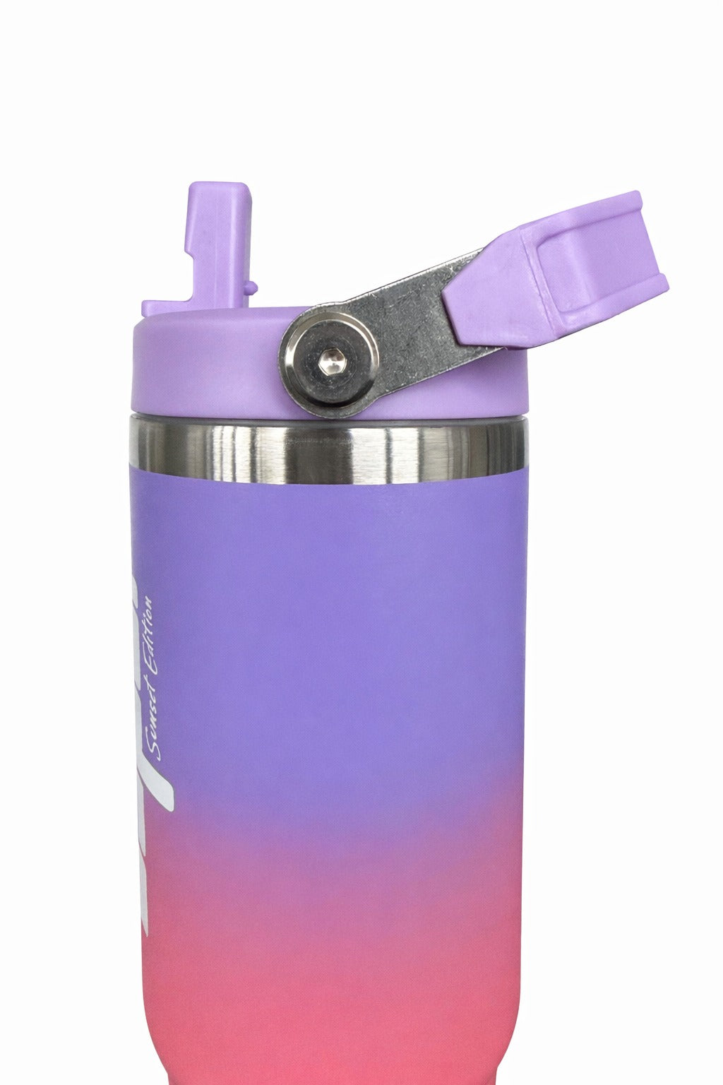 Lila-rosa Shakerflasche mit Sunset Edition Aufschrift, ideal für Protein und Sportnahrung