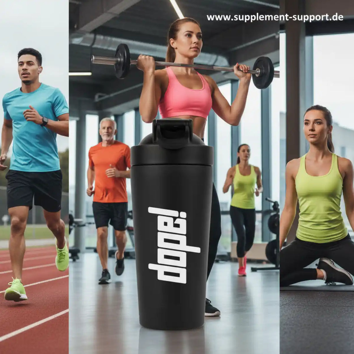 Schwarzer Dope! Shaker vor Sportlern im Fitnessstudio und beim Laufen – ideal für Protein & Booster
