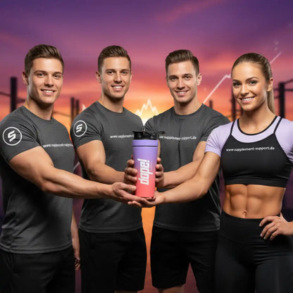 Fitnessteam mit Shaker für Protein- und Sportnahrung, ideal für Muskelaufbau und Booster