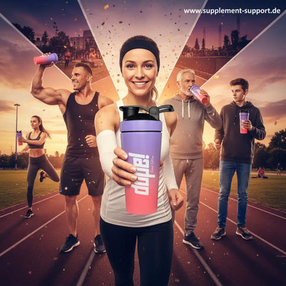 Frau mit Shaker für Protein und Sportnahrung auf Laufbahn, umgeben von Sportlern