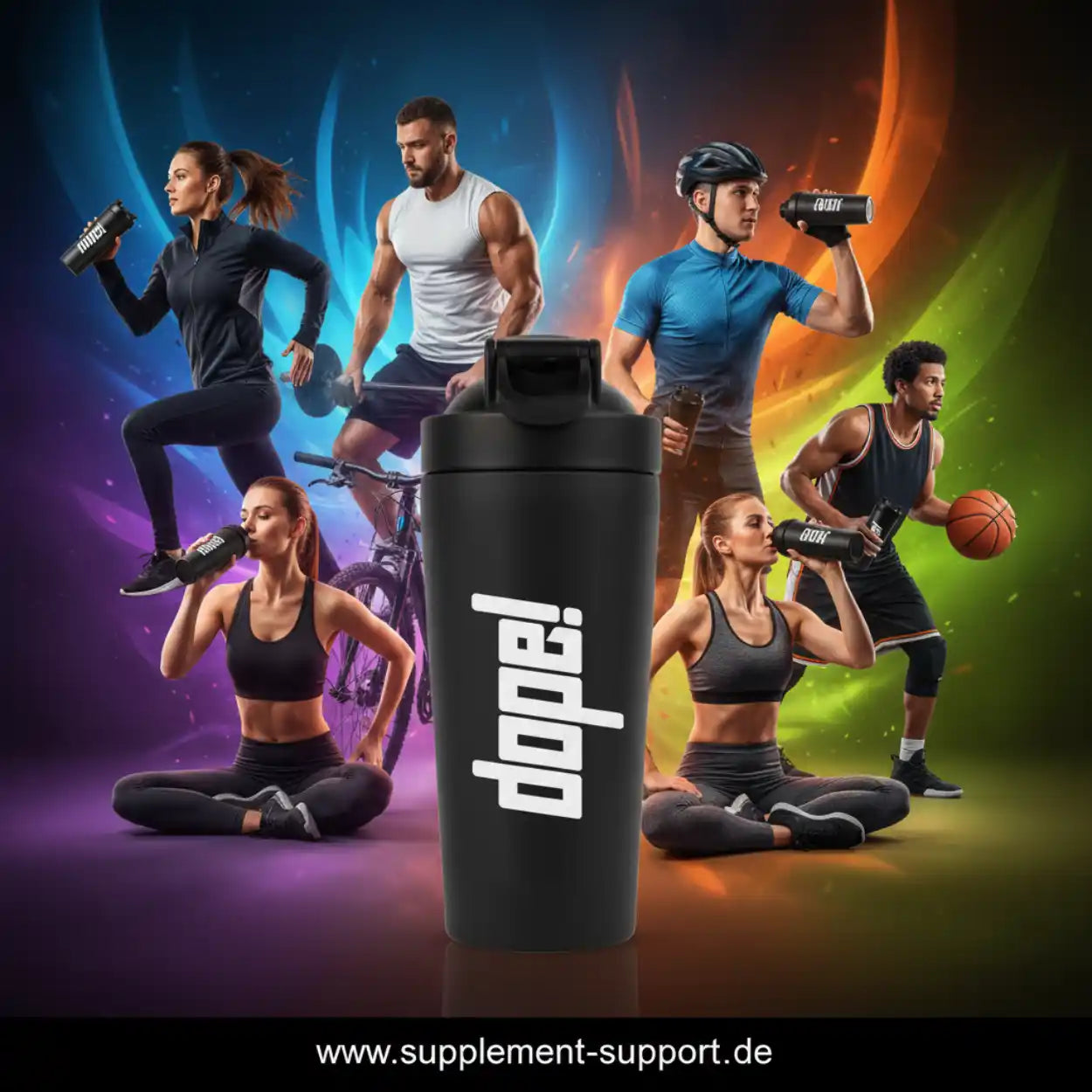 Schwarzer Shaker mit 'dope!' Logo, umgeben von Sportlern mit Proteinpulver und Fitness-Accessoires