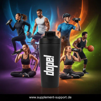 Schwarzer Shaker mit 'dope!' Logo, umgeben von Sportlern mit Proteinpulver und Fitness-Accessoires