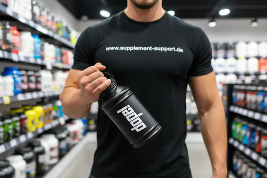 Sportler mit schwarzem Dope Wasserjug 2200ml im Supplement Support Nahrungsergänzungsmittel-Shop