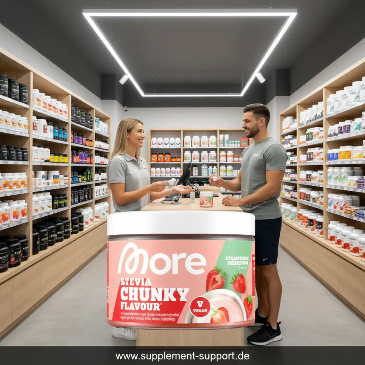 Frau berät Mann in modernem Nahrungsergänzungsmittel-Shop, Regale mit Protein und Vitaminen