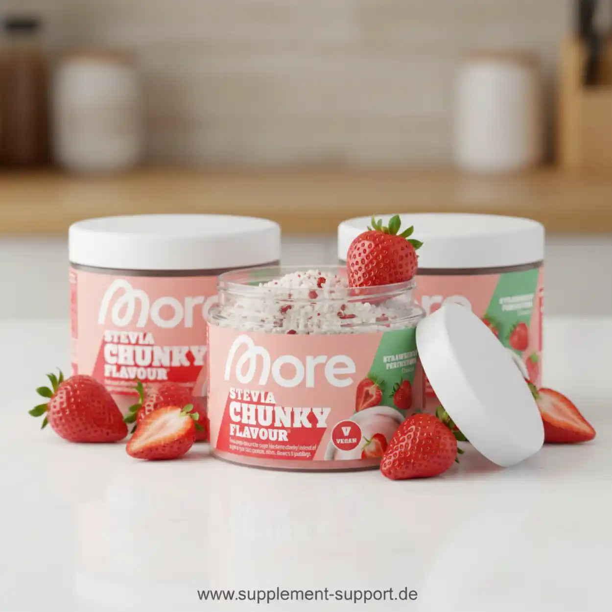 More Stevia Chunky Flavour Erdbeere Pulver, Nahrungsergänzung, veganes Supplement, mit frischen Erdbeeren