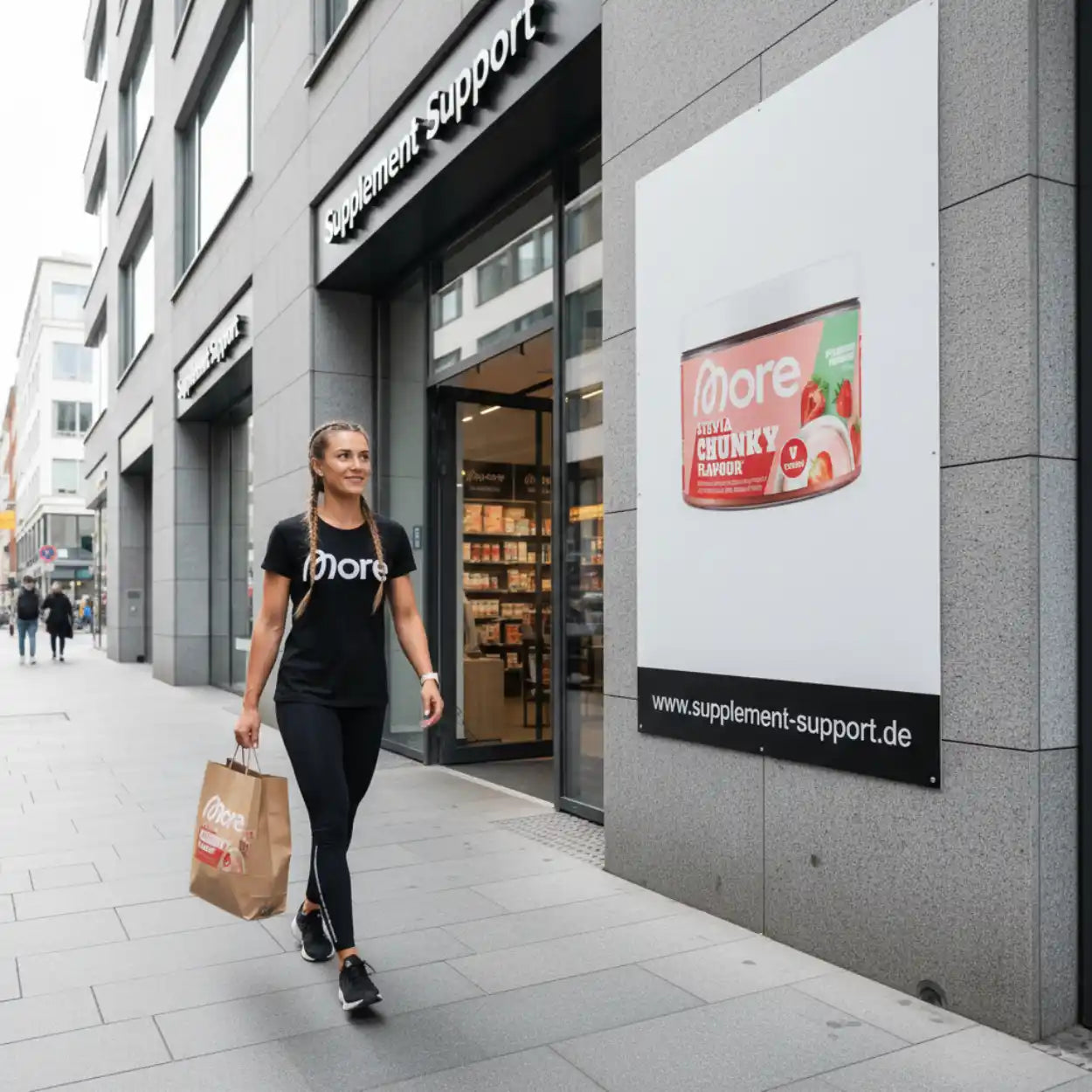 Frau trägt Einkaufstasche mit Nahrungsergänzungsmitteln vor Supplement Support Geschäft