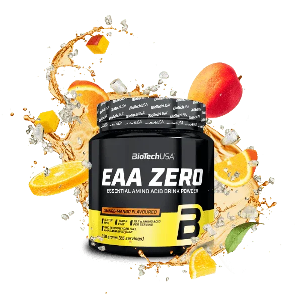 BioTechUSA EAA Zero Aminosäuren Pulver Orange-Mango, 350g Dose mit Früchten und Eiswürfeln