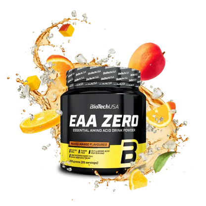 BioTechUSA EAA Zero Aminosäuren Pulver Orange-Mango, 350g Dose mit Früchten und Eiswürfeln