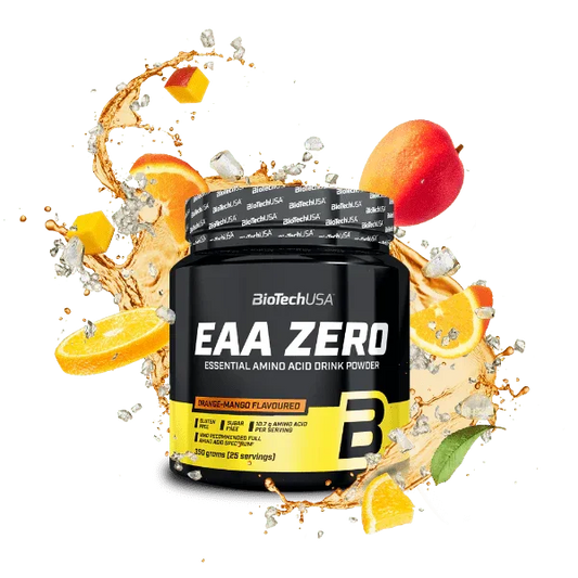 BioTechUSA EAA Zero Aminosäuren Pulver Orange-Mango, 350g Dose mit Früchten und Eiswürfeln