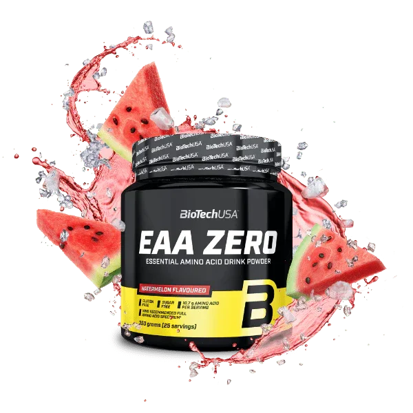 BioTechUSA EAA Zero Aminosäuren Pulver 350g, Wassermelonen-Geschmack, mit Eiswürfeln und Wassermelonenstücken