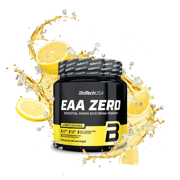 BioTechUSA EAA Zero Aminosäuren Pulver Zitrone 350g Dose mit spritzenden Zitronen