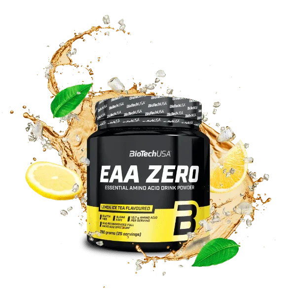 BioTechUSA EAA Zero Pulver Zitrone Eistee, Supplement Dose mit Zitronen, Eiswürfeln, Spritzwasser